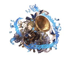 Rule 34 | 10s, 1girl, animal ears, boots, brown eyes, brown hair, curly hair, feathers, full body, granblue fantasy, hair ornament, harvin, harvin, instrument, long hair, matching hair/eyes, minaba hideo, musical note, official art, pointy ears, robertina (granblue fantasy), solo, transparent background, tuba