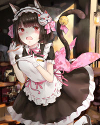 Rule 34 | 1girl, absurdres, animal ears, apron, azur lane, bell, black hair, blush, bow, breasts, cat ears, cat tail, coffee mug, commentary request, cup, dress, fang, gloves, ha ru no 0620, highres, large breasts, looking at viewer, maid, maid headdress, mask, mask on head, mug, open mouth, pink ribbon, plate, red eyes, ribbon, rpink bow, short hair, solo, tail, tail bell, tail ornament, white apron, white gloves, yamashiro (azur lane)