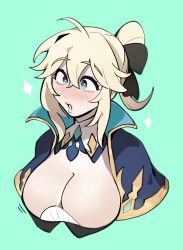 Rule 34 | 1girl, blonde hair, blue background, blue eyes, blush, bow, breasts, capelet, cleavage, genshin impact, hair bow, hilimuc, jean (genshin impact), long hair, looking at viewer, open mouth, ponytail, solo