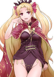Rule 34 | 1girl, between breasts, blonde hair, breasts, cameltoe, cloak, covered navel, dress, earrings, ereshkigal (fate), fate/grand order, fate (series), hair ornament, highres, jewelry, leotard, long hair, looking at viewer, medium breasts, navel, open mouth, pink eyes, smile, solo, tohsaka rin, twintails