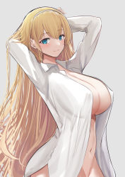 Rule 34 | 1girl, alternate costume, arms behind head, arms up, azur lane, blonde hair, blue eyes, blush, bottomless, breasts, cleavage, closed mouth, collared shirt, covered erect nipples, dress shirt, grey background, hairband, large breasts, long hair, looking at viewer, navel, north carolina (azur lane), open clothes, open shirt, schreibe shura, shirt, simple background, smile, solo, stomach, very long hair, white hairband, white shirt