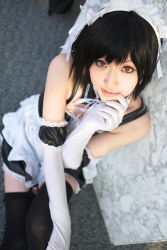 Rule 34 | 1girl, apron, asian, bare shoulders, black hair, blurry, cosplay, cowboy shot, depth of field, detached collar, elbow gloves, facing viewer, feet out of frame, finger to mouth, from above, garter straps, gloves, highres, japanese (nationality), knee up, kore ga watashi no goshujin-sama, looking at viewer, maid, maid apron, maid headdress, nakabayashi yoshitaka&#039;s maid uniform, on floor, photo (medium), sawatari izumi, sawatari izumi (cosplay), saya (cosplayer), short hair, sitting, solo focus, thighhighs, waist apron, white apron, white gloves