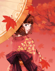 Rule 34 | 1girl, autumn, autumn leaves, blunt bangs, bow, branch, brown hair, floral print, ginkgo leaf, japanese clothes, kimono, leaf, light smile, looking back, maple leaf, mr.c (bchana), oil-paper umbrella, original, red background, red bow, red theme, short hair, solo, tree, umbrella