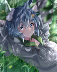 Rule 34 | 1girl, :3, absurdres, animal ears, arms up, blue eyes, blue hair, blush, breasts, center frills, commentary request, ear covers, frills, hair between eyes, hair ornament, hairclip, highres, horse ears, horse girl, looking at viewer, lying, medium breasts, on back, on grass, on ground, outdoors, pandoa (mikage0495), seiun sky (umamusume), shirt, short hair, single ear cover, smile, solo, umamusume, upper body, white shirt