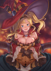 Rule 34 | 1boy, 1girl, :d, asymmetrical bangs, bare shoulders, black gloves, black hairband, blonde hair, blue eyes, blurry, blurry background, blush, breast rest, breasts, breasts on head, cape, cleavage, commentary request, depth of field, detached sleeves, draph, feet out of frame, gloves, granblue fantasy, hair intakes, hairband, halloween, halloween costume, hat, highres, horns, jack-o&#039;-lantern, knee pads, large breasts, long hair, long sleeves, looking at viewer, open mouth, pumpkin, red cape, red headwear, shin guards, sidelocks, sitting, sitting on shoulder, smile, spread legs, striped clothes, striped legwear, striped thighhighs, sweatdrop, teeth, tekkai blade, thighhighs, twintails, upper teeth only, vaseraga, wide sleeves, witch hat, zeta (granblue fantasy), zeta (halloween) (granblue fantasy)