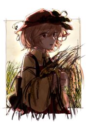 Rule 34 | 1girl, aki minoriko, border, fruit hat ornament, grass, hat ornament, highres, holding, holding plant, koyane (silver81106), looking at viewer, one-hour drawing challenge, orange headwear, plant, solo, tall grass, touhou, upper body, white border