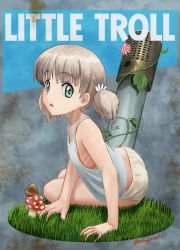 Rule 34 | 10s, 1girl, abazu-red, aki (girls und panzer), arm support, english text, eyebrows, flat chest, flower, fly agaric, girls und panzer, grass, green eyes, hair ornament, highres, mushroom, no bra, nose art, panties, parted lips, plant, ribs, shirt, short twintails, sitting, solo, tank gun, tank top, twintails, twitter username, underwear, underwear only, vines, white panties, white shirt