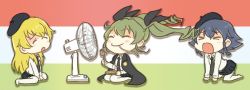 Rule 34 | &gt; &lt;, 10s, 3girls, all fours, anchovy (girls und panzer), beret, between legs, blonde hair, blouse, braid, cape, carpaccio (girls und panzer), chibi, closed eyes, commentary request, drill hair, eating, electric fan, flag background, food, fork, girls und panzer, green hair, hair ribbon, hand between legs, hat, long hair, multiple girls, necktie, open mouth, pantyhose, pasta, pepperoni (girls und panzer), plate, pleated skirt, ribbon, saiguchi otoufu, shirt, short hair, sidelocks, sitting, sketch, skirt, spaghetti, twin drills, wariza