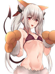 Rule 34 | 1girl, :3, :d, animal hands, bikini, bikini top only, blush, breasts, brown bikini, brown hair, demon horns, demon tail, gradient hair, grey hair, groin, hair between eyes, hands up, horns, long hair, looking at viewer, multicolored hair, navel, open mouth, original, paw pose, red eyes, sidelocks, simple background, small breasts, smile, solo, swimsuit, tai (nazutai), tail, twintails, underboob, upper body, white background