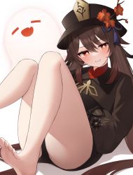 Rule 34 | 1girl, absurdres, bare legs, barefoot, black hat, black shorts, blush, brown hair, closed eyes, feet, flower, genshin impact, half-closed eyes, hat, hat flower, highres, hu tao (genshin impact), legs, long sleeves, looking at viewer, short shorts, shorts, smile, soles, symbol-shaped pupils, thighs, toes, top hat, tsubaki 0317, twintails