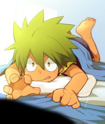 Rule 34 | &gt;:p, 10s, 1boy, :p, barefoot, bed sheet, green hair, kameyama tokusa, lying, male focus, on stomach, outstretched hand, pillow, sheet grab, solo, tan, tenkai knights, tongue, tongue out, v-shaped eyebrows, yellow eyes