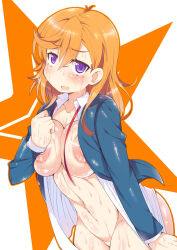 1girl blush breasts female_focus jacket kanibasami love_live! love_live!_superstar!! medium_breasts navel nipples orange_hair purple_eyes shibuya_kanon solo star_(symbol) star_symbol_background sweat