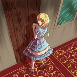 Rule 34 | 1girl, akemixu, blonde hair, braid, carpet, door, frog, green eyes, highres, hole, long hair, looking back, majo no ie, mary janes, painting (object), shoes, smile, twin braids, twintails, viola (majo no ie)