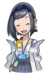 Rule 34 | 1girl, badge, black hair, blue skirt, blush, body blush, breasts, button badge, character badge, closed eyes, clothes writing, collarbone, copyright name, creatures (company), earrings, game freak, gen 1 pokemon, gen 2 pokemon, hair behind ear, id card, jacket, jewelry, kana (pokemon), medium breasts, nintendo, off-shoulder jacket, off shoulder, official art, open clothes, open jacket, open mouth, pikachu, poke ball earrings, poke ball print, poke ball symbol, poke ball theme, pokemon, pokemon (creature), pokemon masters ex, porygon2, shirt, skirt, smile, solo, star (symbol), star print, suspender skirt, suspenders, tongue, upper body, white background, white jacket, white shirt, zipper pull tab
