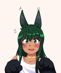 Rule 34 | 1girl, :d, ^^^, akiosketch, alternate costume, animal hands, anubis (monster girl encyclopedia), blush, choker, commission, dress, embarrassed, flying sweatdrops, green eyes, green hair, hands up, highres, looking at viewer, monster girl, monster girl encyclopedia, open mouth, simple background, smile, solo, sweatdrop, upper body, white dress, yellow background