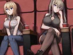 Rule 34 | 2girls, alternate costume, bad id, bad pixiv id, bare shoulders, bismarck (kancolle), blonde hair, blue eyes, blue pants, boots, breasts, brown footwear, brown legwear, brown shirt, chair, cleavage cutout, clothing cutout, cup, disposable cup, drinking straw, ghound, graf zeppelin (kancolle), grey eyes, hair between eyes, highres, kantai collection, large breasts, long hair, multiple girls, pants, shirt, sidelocks, sitting, sleeveless, sleeveless shirt, thighhighs, twintails, white shirt