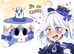 Rule 34 | + +, 1girl, absurdres, ahoge, ascot, blue ascot, blue eyes, blue gloves, blue hat, blue jacket, blush, brooch, commentary, critter pick (honkai: star rail), furina (genshin impact), genshin impact, gloves, hat, heart, highres, hinghoi, honkai: star rail, honkai (series), jacket, jewelry, open mouth, portrait, solo, top hat, white gloves, white hair