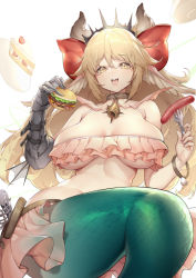 Rule 34 | 1girl, :d, absurdres, bare shoulders, bikini, bikini skirt, blonde hair, blush, bow, bracelet, breasts, breasts apart, burger, cake, character request, chinese commentary, cleavage, clover theater, collar, commentary request, cowboy shot, crown, fang, food, food-themed background, fork, gauntlets, hair between eyes, hair bow, highres, holding, holding fork, horns, jewelry, large breasts, long hair, looking at viewer, mermaid, midriff, monster girl, navel, open mouth, pink bikini, pink skirt, red bow, saliva, sausage, shanyao jiang tororo, shell, sidelocks, single gauntlet, skirt, smile, solo, strawberry shortcake, swimsuit, teeth, tongue, underboob, upper teeth only, very long hair, white background, yellow eyes