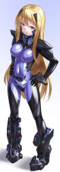 Rule 34 | 1girl, absurdres, armored bodysuit, baldr sky, black bodysuit, blonde hair, blue background, blue eyes, bodysuit, breasts, commentary request, covered navel, fortified suit, full body, gradient background, hands on own hips, headgear, highres, impossible bodysuit, impossible clothes, kirishima rain, kurione (zassou), long hair, looking at viewer, medium breasts, muv-luv, muv-luv alternative, purple bodysuit, shiny clothes, solo, standing, two-tone bodysuit, very long hair, white background