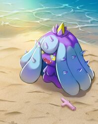 Rule 34 | :d, blue eyes, colored sclera, commentary request, coral, creatures (company), day, fangs, game freak, gen 7 pokemon, highres, mareanie, nintendo, no humans, open mouth, outdoors, pokemon, pokemon (creature), sand, shore, smile, solo, water, yellow pupils, yellow sclera, yuuki510510