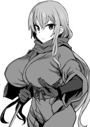 Rule 34 | &gt;:(, 10s, 1girl, asanagi, bad id, bad twitter id, breasts, dragon yukano, frown, gloves, greyscale, holding, holding sword, holding weapon, huge breasts, japanese clothes, katana, long hair, monochrome, ninja slayer, reverse grip, scarf, simple background, solo, sword, upper body, v-shaped eyebrows, weapon, white background