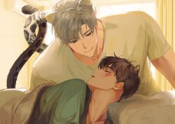 Rule 34 | air conditioner, animal ears, bedroom, black eyes, blush, brown hair, closed mouth, curtains, green shirt, grey hair, highres, ilay riegrow, indoors, jeong taeui, leopard ears, leopard tail, light smile, looking at another, parted lips, passion (manhwa), shirt, short hair, short sleeves, shrimpkk, sleeping, snow leopard ears, snow leopard tail, tail, white shirt, yaoi