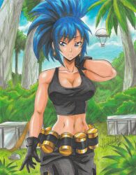 Rule 34 | 1girl, 2020, absurdres, bag, bare shoulders, black gloves, black pants, black top, blue eyes, blue hair, breasts, bush, cleavage, collarbone, crop top, day, earrings, explosive, female focus, gloves, grass, grenade, hand on own neck, high ponytail, highres, jewelry, jungle, large breasts, leona heidern, midriff, nature, navel, neck, outdoors, palm tree, pants, parachute, ravernclouk design, rock, sky, snk, solo, the king of fighters, traditional media, tree, triangle earrings, weapon