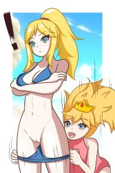 Rule 34 | 2girls, assisted exposure, bikini, bikini pull, blonde hair, blue bikini, blue eyes, bottomless, breasts, cleavage, cleft of venus, clothes pull, crossed arms, crossover, crown, large breasts, long hair, metroid, multiple girls, nintendo, one-piece swimsuit, open mouth, outside border, pantsing, pink one-piece swimsuit, princess peach, pulling another&#039;s clothes, pussy, samus aran, swimsuit, teeth, upper teeth only