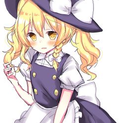 Rule 34 | 1girl, alternate hairstyle, apron, bad id, bad pixiv id, blonde hair, blush, bow, braid, collared shirt, commentary, d:, dress, fang, hat, hat bow, highres, kirisame marisa, long hair, open mouth, playing with own hair, rbtt, shirt, side braid, single braid, sketch, solo, touhou, twintails, twintails day, waist apron, wavy hair, witch hat, yellow eyes