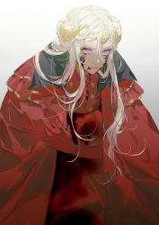 Rule 34 | 1girl, absurdres, blood, blood on face, buttons, chinese commentary, circlet, cloak, clothes grab, commentary request, curled horns, double bun, edelgard von hresvelg, elbow gloves, fire emblem, fire emblem: three houses, gloves, gradient background, hair bun, highres, horns, long hair, looking ahead, nintendo, purple eyes, red cloak, red gloves, solo, tefco 02, upper body, white background, white hair