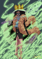 Rule 34 | 1boy, absurdres, afro, ascot, black hair, blue ascot, brook (one piece), commentary, crown hat, english commentary, eyewear on head, ghost, heart, heart-shaped eyewear, highres, holding, holding sheath, holding sword, holding weapon, jrdncmpb11, long sleeves, male focus, one piece, pink-tinted eyewear, sheath, signature, skeleton, solo, standing, sunglasses, sword, tinted eyewear, weapon, yellow-framed eyewear