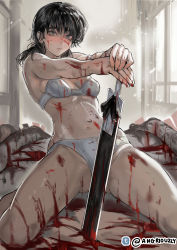 Rule 34 | 1girl, black hair, bleeding, blood, blood on face, blood on hands, bloody weapon, bra, breasts, chainsaw man, commentary, cuts, dripping, english commentary, full body, furiouzly, grey eyes, hallway, hand on hilt, highres, indoors, injury, leaning back, legs apart, looking at viewer, low twintails, medium hair, mitaka asa, navel, outstretched arms, own hands together, panties, planted, planted sword, planted weapon, short twintails, sitting, solo, sweat, sword, thighs, twintails, twitter username, underwear, underwear only, wariza, weapon, white bra, white panties, window