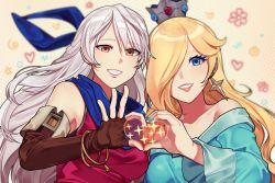 Rule 34 | 2girls, bare shoulders, black gloves, blonde hair, blue eyes, blue nails, blue scarf, commission, crossover, crown, dress, earrings, elbow gloves, fingerless gloves, fingernails, fire emblem, fire emblem: radiant dawn, gloves, grin, hair over one eye, hair ribbon, heart, heart hands, heart hands duo, highres, hiomaika, holding hands, jewelry, long hair, long sleeves, mario (series), micaiah (fire emblem), mini crown, multicolored background, multiple girls, nail polish, nintendo, polka dot, polka dot background, ribbon, rosalina, scarf, shugo (desire-drive), silver hair, sleeveless, sleeveless dress, smile, star (symbol), star earrings, strapless, strapless dress, super mario galaxy, upper body, yellow eyes