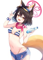 Rule 34 | 1girl, :d, absurdres, animal ears, bare arms, bare shoulders, bikini, black hair, blue archive, blue shorts, bottle, breasts, cowboy shot, cutoffs, denim, denim shorts, fang, fox ears, fox girl, fox shadow puppet, fox tail, halo, hands up, highleg, highres, holding, izuna (blue archive), izuna (swimsuit) (blue archive), looking at viewer, micro shorts, miso (misomiso 154), navel, official alternate costume, open mouth, scarf, scrunchie, short hair, shorts, small breasts, smile, solo, stomach, string bikini, striped bikini, striped clothes, swimsuit, tail, visor cap, water bottle, wrist scrunchie, yellow eyes