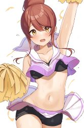 Rule 34 | 1girl, absurdres, alternate hairstyle, arm up, bare shoulders, bike shorts, black shorts, black sports bra, blush, breasts, character name, cheerleader, cleavage, clothes lift, collarbone, commentary, cowboy shot, crop top, dot nose, flying sweatdrops, highres, holding, idolmaster, idolmaster shiny colors, medium breasts, navel, open mouth, osaki tenka, pom pom (cheerleading), shirt, short shorts, shorts, simple background, skirt, skirt lift, sleeveless, sleeveless shirt, solo, sports bra, sweat, thighs, wanimaru, wind, wind lift, yellow eyes