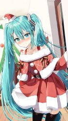 Rule 34 | 1girl, aqua eyes, aqua hair, bare shoulders, belt, black thighhighs, blush, christmas, collarbone, commentary request, cowboy shot, dress, fur-trimmed headwear, fur-trimmed sleeves, fur trim, hair between eyes, hair ornament, hairclip, hat, hatsune miku, highres, indoors, long hair, looking at viewer, mini hat, pentagon (railgun ky1206), red dress, red hat, santa costume, santa hat, smile, solo, thighhighs, tilted headwear, twintails, very long hair, vocaloid, wide sleeves, wooden floor, x hair ornament, zettai ryouiki