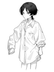 1boy blunt_ends buku2_suisou closed_mouth clothes_grab collarbone collared_shirt genshin_impact hair_intakes highres long_sleeves looking_at_viewer loose_hair_strand male_focus monochrome parted_bangs scaramouche_(genshin_impact) shirt shirt_grab sleeves_past_fingers sleeves_past_wrists sleeves_rolled_up solo standing white_background