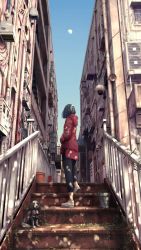 Rule 34 | 1girl, alley, black pants, blue sky, building, christmas lights, city, cityscape, commentary request, dappled sunlight, day, dog, from below, graffiti, hand fan, highres, hood, hoodie, ikegami kouki, lamppost, moon, original, outdoors, pants, pot, railing, red hoodie, road, shoes, sky, sneakers, stairs, standing, sunlight, vent (object), white footwear