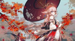 Rule 34 | 1girl, absurdres, autumn leaves, bare shoulders, breasts, cowboy shot, detached sleeves, earrings, floppy ears, floral print, from side, genshin impact, highres, holding, holding umbrella, jewelry, leaf, long hair, maple leaf, medium breasts, oil-paper umbrella, outdoors, parted lips, pink hair, purple eyes, red skirt, red umbrella, shirt, sideboob, skirt, sleeveless, sleeveless shirt, solo, tassel, tree, umbrella, very long hair, white shirt, white sleeves, yae miko, zhaoshao wan harita