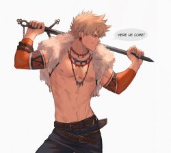 Rule 34 | 1boy, 2nd popularity poll (boku no hero academia), bakugou katsuki, belt, blonde hair, boku no hero academia, brown belt, chain, closed mouth, commentary, contrapposto, cowboy shot, earrings, english commentary, english text, fur trim, grey background, hands up, highres, holding, holding sword, holding weapon, jewelry, keva (liltkeva), looking to the side, male focus, necklace, nipples, official alternate costume, over shoulder, pants, short hair, simple background, smile, solo, speech bubble, sword, sword over shoulder, toned, toned male, tooth earrings, tooth necklace, weapon, weapon over shoulder