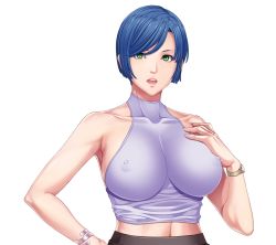 Rule 34 | 1girl, bare arms, bare shoulders, blue hair, breasts, covered erect nipples, game cg, green eyes, hand on own chest, highres, kisaku-tachi, large breasts, looking at viewer, midriff, open mouth, sei shoujo, short hair, skirt, solo, transparent background, upper body, watch, wristwatch