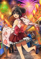 Rule 34 | 1girl, bare legs, black hair, bow, brown eyes, candy apple, detached sleeves, double bun, festival, fireworks, frilled skirt, japanese clothes, looking at viewer, necklace, shakugan no shana, shana, skirt, solo, yukata