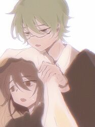 Rule 34 | 2boys, atou haruki, black jacket, brown eyes, brown hair, chinese commentary, chromatic aberration, commentary request, divineluv, glasses, green eyes, green hair, hair between eyes, highres, holding, holding towel, jacket, male focus, medium hair, multiple boys, open mouth, saibou shinkyoku, semi-rimless eyewear, shirt, short hair, simple background, sweat, towel, white background, white shirt