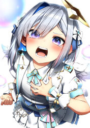 Rule 34 | 1girl, absurdres, amane kanata, angel, angel wings, blue hair, blush, bow, bowtie, colored inner hair, corset, feathered wings, grey hair, highres, hololive, hololive idol uniform (bright), idol clothes, jacket, long hair, multicolored hair, open mouth, pepushi drow, pink hair, puffy short sleeves, puffy sleeves, purple eyes, sash, shirt, short sleeves, single hair intake, skirt, solo, streaked hair, tears, underbust, virtual youtuber, waist bow, white jacket, white shirt, white skirt, wings