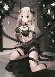 Rule 34 | 1girl, absurdres, arknights, bikini, black bikini, black choker, breasts, choker, flower, hair flower, hair ornament, hand up, highres, horns, kokao358, large breasts, long hair, looking at viewer, material growth, md5 mismatch, mudrock (arknights), mudrock (silent night) (arknights), navel, oripathy lesion (arknights), pointy ears, red eyes, resolution mismatch, silver hair, sitting, solo, source larger, stomach, swimsuit, thighs, white flower, yellow flower
