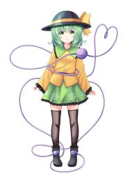 Rule 34 | 1girl, absurdres, black hat, black thighhighs, blouse, blush, boots, breasts, buttons, closed mouth, collarbone, collared shirt, commentary request, crystal, floral print, flower, frills, full body, green eyes, green flower, green hair, green rose, green skirt, grey footwear, grey hat, hair between eyes, hat, hat ribbon, heart, heart of string, highres, jewelry, komeiji koishi, long sleeves, looking at viewer, medium breasts, reimei (r758120518), ribbon, rose, rose print, shirt, short hair, simple background, skirt, smile, solo, standing, thighhighs, third eye, touhou, transparent background, white background, wide sleeves, yellow ribbon, yellow shirt