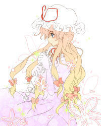 Rule 34 | 1girl, akarino, akarino (yucco), bow, dress, female focus, frills, from side, hair bow, hand up, hat, hat ribbon, long sleeves, mob cap, multi-tied hair, multiple hair bows, pink dress, profile, red bow, red ribbon, ribbon, simple background, solo, touhou, white background, yakumo yukari