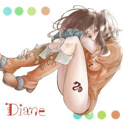 Rule 34 | 10s, 1girl, bad id, bad pixiv id, boots, breasts, brown hair, character name, cross-laced footwear, diane (nanatsu no taizai), fetal position, fingerless gloves, gloves, knee boots, lace-up boots, leotard, long hair, nail polish, nanatsu no taizai, puffy sleeves, purple eyes, single glove, solo, syarara23, tattoo, twintails