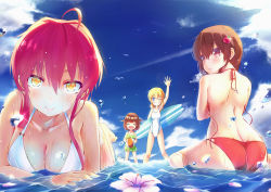 Rule 34 | 4girls, :d, ahoge, apple hair ornament, arm up, ass, back, ball, barefoot, beachball, bikini, bird, blonde hair, blue eyes, blue sky, blush, bob cut, breasts, brown eyes, brown hair, cleavage, closed eyes, cloud, commentary, day, dove, eyebrows, flower, food-themed hair ornament, grin, hair between eyes, hair ornament, halterneck, hibiscus, holding, holding ball, large breasts, looking at viewer, looking back, lying, milestone celebration, multiple girls, ocean, on stomach, one-piece swimsuit, one eye closed, open mouth, original, outdoors, pink hair, red bikini, short hair, short twintails, sitting, sky, smile, soles, sparkle, splashing, standing, surfboard, swimsuit, twintails, untied bikini, wariza, water, waving, wet, white bikini, white flower, yellow eyes, zongmao