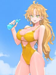 Rule 34 | 1girl, absurdres, arm behind back, blonde hair, blue nails, blue sky, bottle, breasts, cleavage cutout, clothing cutout, cloud, cloudy sky, commentary, cowboy shot, earrings, green eyes, highleg, highleg swimsuit, highres, holding, holding bottle, jewelry, jun (navigavi), large breasts, long hair, looking at viewer, nail polish, one-piece swimsuit, open mouth, original, outdoors, parted bangs, sky, solo, standing, swimsuit, thighs, underboob, water bottle, weibo logo, weibo watermark, yellow one-piece swimsuit